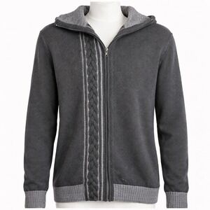 NOVICA Alpaca Wool Mens Gray Full Zip Sweater Sweatshirt L Cable Knit Fisherman